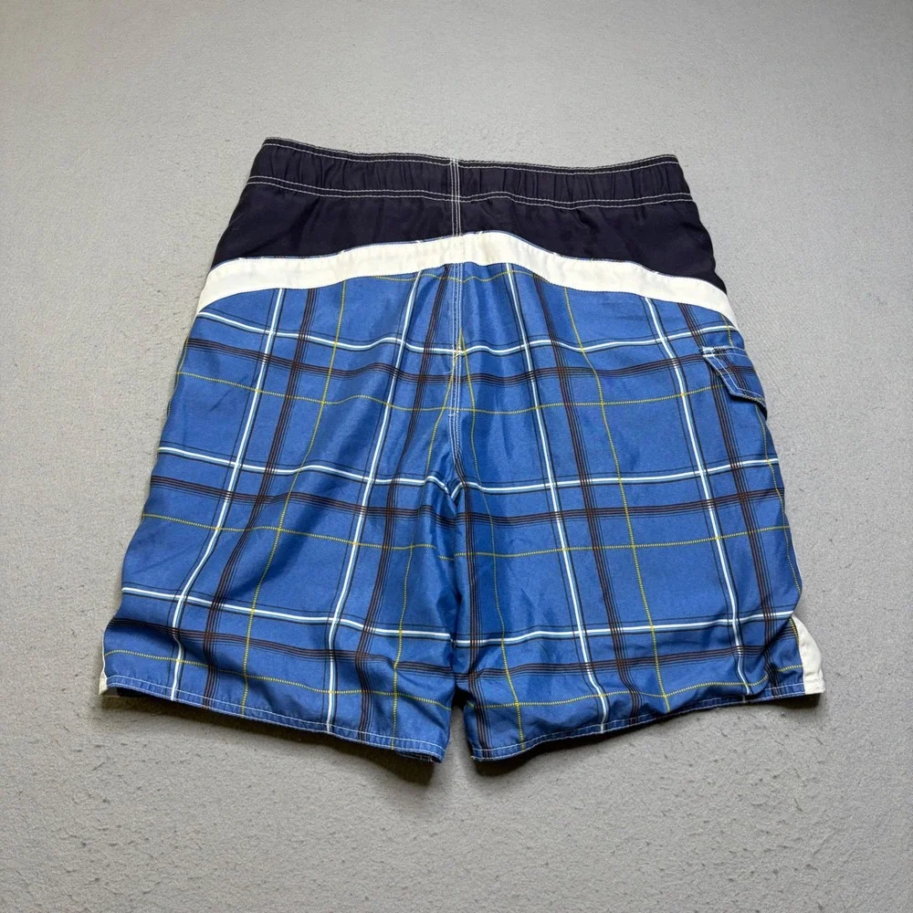 Ocean Pacific Board Shorts Mens Small Blue Plaid Y2K Cargo Swim Trunks